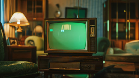 Vintage TV on the table in a living room at night.の素材