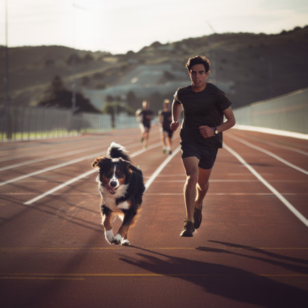young man jogging with his australian shepherd dog on a trackの素材