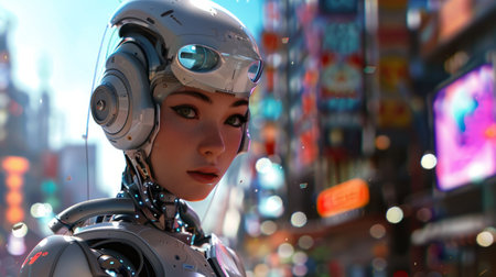 A female robot in a city street. 3D Rendering.の素材
