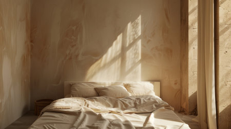 Interior of a bedroom with a bed and a window with sunlightの素材