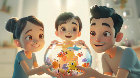 3d rendering of happy family playing with fish in a glass aquariumの素材