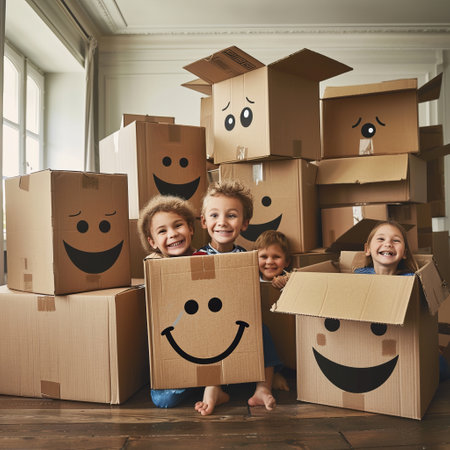 Smiling kids with cardboard boxes moving into a new home. Happy family concept.の素材
