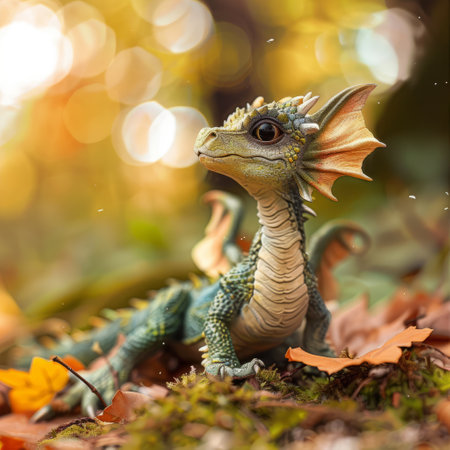 Stegosaurus toy in the forest with autumn leaves and bokehの素材
