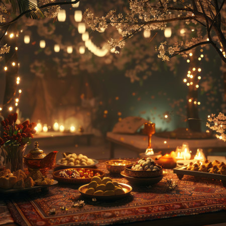 Traditional oriental sweets and tea ceremony in the shade of a flowering treeの素材