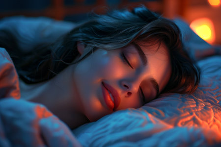 Portrait of a beautiful young woman sleeping in bed at night.の素材