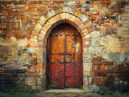Old wooden door in an old brick wall. Vintage style photo.の素材