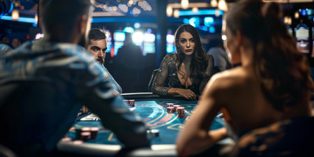 Group of young people playing roulette in casino. Focus on woman.の素材