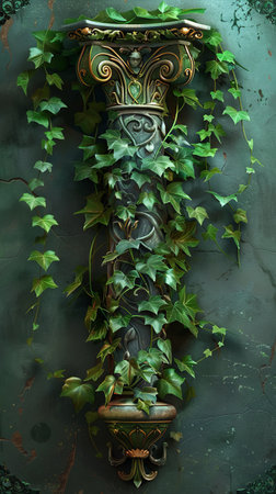 Vintage metal door handle with ivy on a grunge backgroundの素材