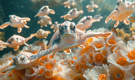 Turtle swimming in the sea. Close-up of a sea turtle swimming in the ocean.の素材
