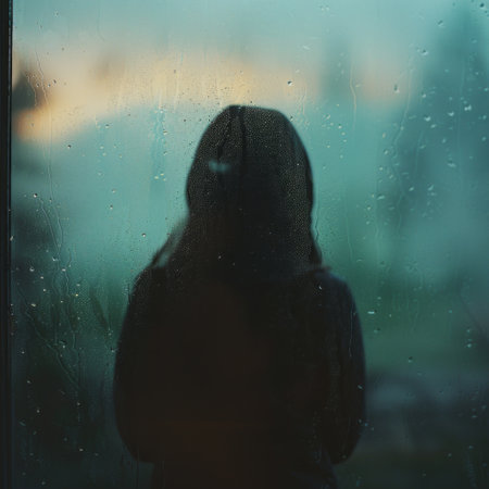 Silhouette of a girl behind the window with raindrops.の素材