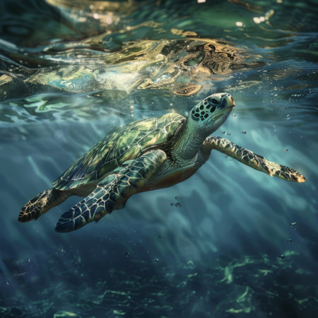 Hawaiian Green Sea Turtle (Chelonia mydas) swimming in the ocean.の素材