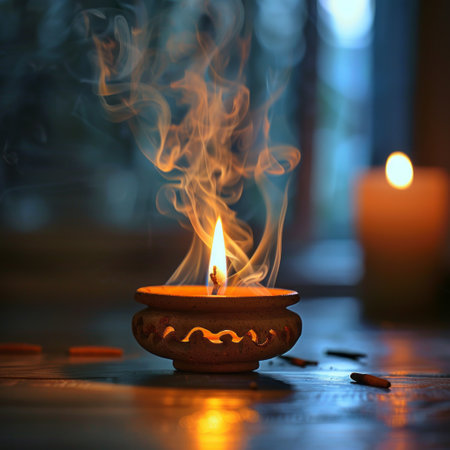 Burning diya on wooden table in dark room, closeupの素材