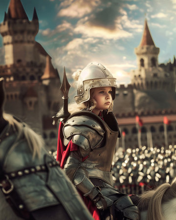 Knight in armor and helmet in front of the castle. Selective focus.の素材