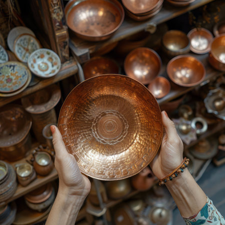 Female hands holding a copper bowl on a shelf in a shop.の素材