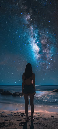 Woman looking at the milky way and starry sky at the beachの素材