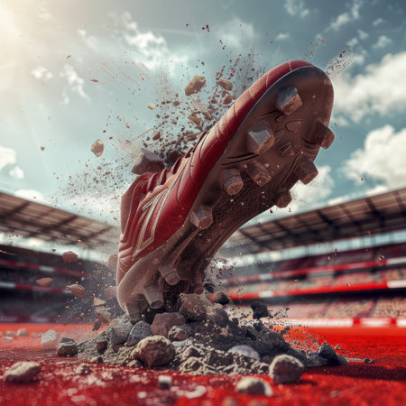 Running shoe with splashes of powder on the stadium. Mixed mediaの素材