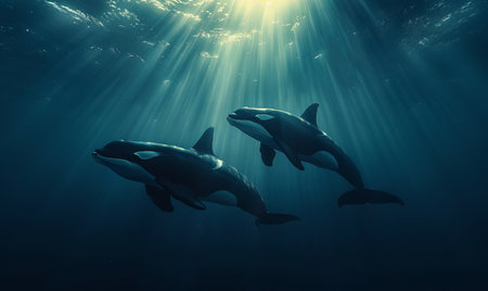 Group of killer whales swimming in the deep blue sea with sun raysの素材