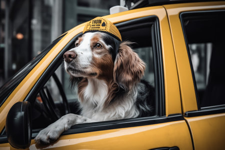Cute dog in yellow taxi cab. Traveling with pet concept.の素材