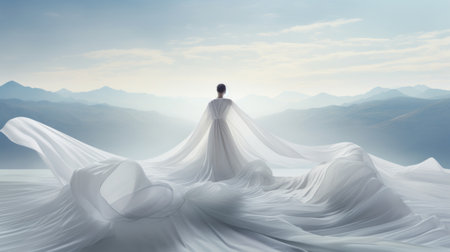 Wedding day concept. Bride in white wedding dress on mountains backgroundの素材