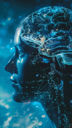 Artificial intelligence and machine learning concept. Double exposure of human head and brain.の素材
