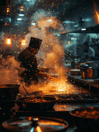 Chef at work in a restaurant kitchen. Chef cooking food in a restaurant kitchen.の素材