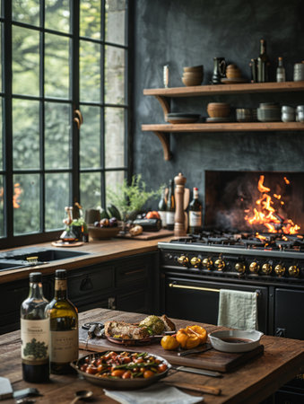 Delicious food on wooden table in modern kitchen with burning fireplace.の素材