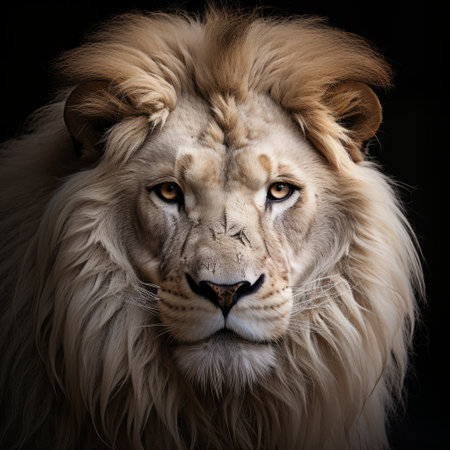 Portrait of a male lion on a black background. Studio shot.の素材