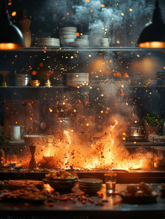 Burning fire in the kitchen. The concept of cooking food.の素材