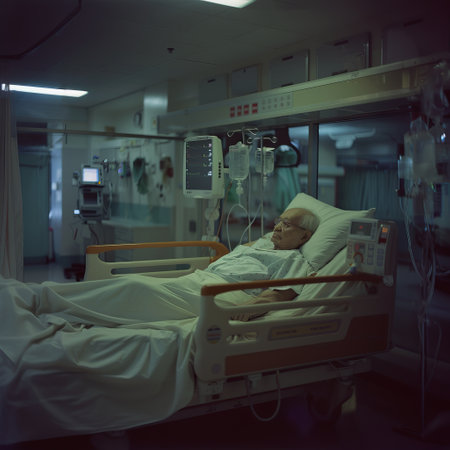 Patient lying in a hospital bed and waiting for the doctor.の素材