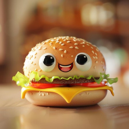 hamburger with smiley face on wooden table, closeupの素材