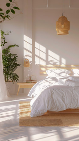 modern bedroom with white walls, natural light, 3d render illustrationの素材