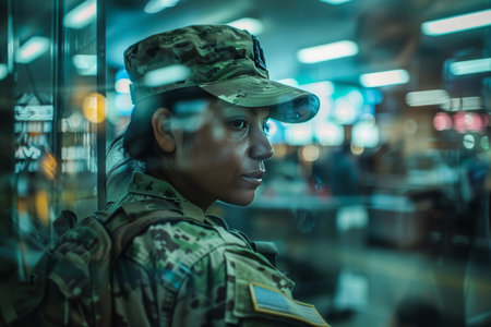 Portrait of a woman soldier in a military uniform looking through the window.の素材