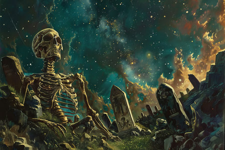 Fantasy scene with spooky skeleton on the background of the night skyの素材