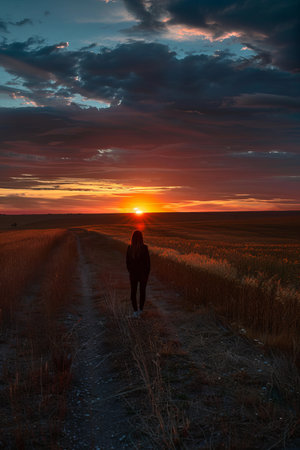 Silhouette of a man walking on a rural road at sunsetの素材