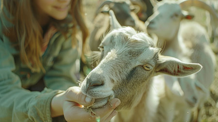 Portrait of cute little girl feeding goat on farm, closeupの素材