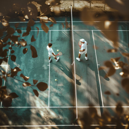 Top view of two tennis players playing tennis on the tennis court.の素材