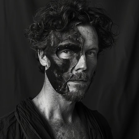 Portrait of a man with a painted face. Black and white.の素材