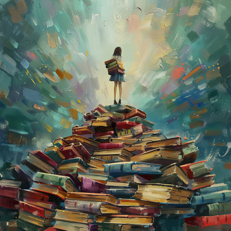 Young woman standing on top of a pile of books and looking at the skyの素材