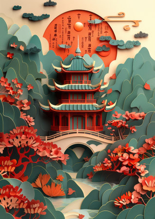 Chinese traditional landscape in paper cut style. 3D illustration. Paper craft style.の素材