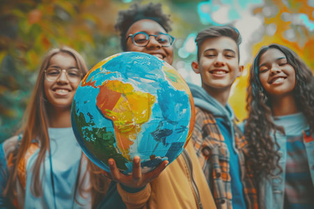 Multiracial group of students holding a globe in the park.の素材