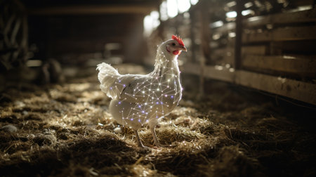 Rooster in the barn at night with lights on. Conceptual imageの素材