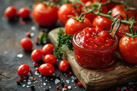 Tomato sauce in a glass bowl on a dark rustic background. Selective focus.の素材