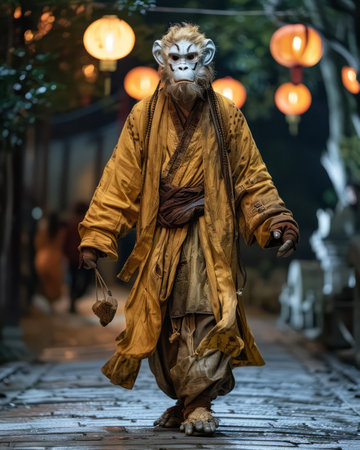 Unidentified man in mask and costume at the Chinese New Year parade in Chiang Mai, Thailand.の素材