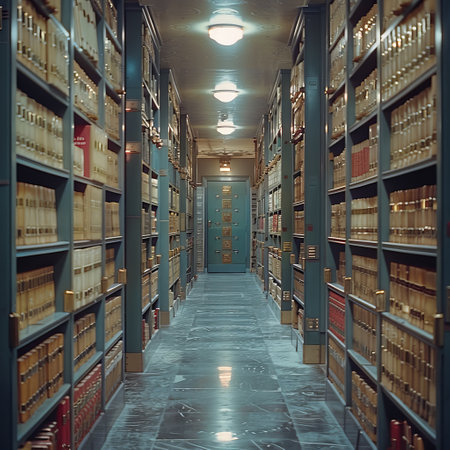 Library interior with rows of books and glass doors, vintage tonedの素材
