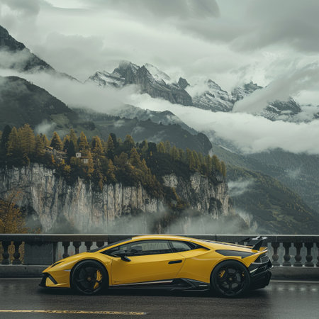 3D rendering of a brand-less generic concept car in the mountainsの素材