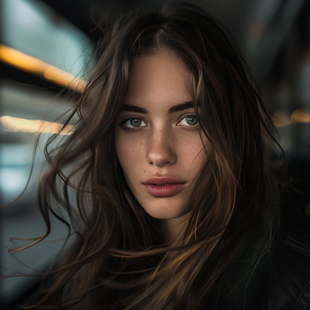 Portrait of a beautiful young woman with long hair in a black leather jacketの素材