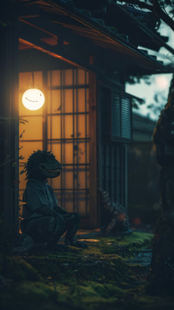 Lion statue in japanese garden at night, vintage toneの素材