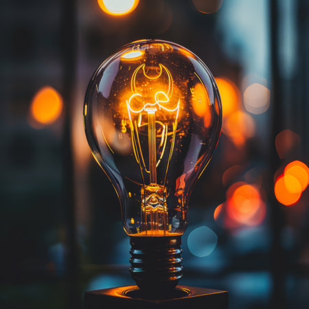 Close up of a light bulb on a wooden table with blurred backgroundの素材