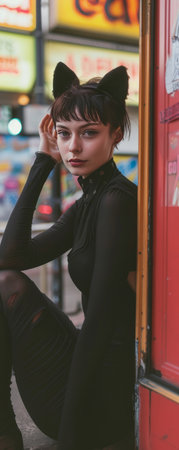 Portrait of a beautiful girl in a black dress in the cityの素材