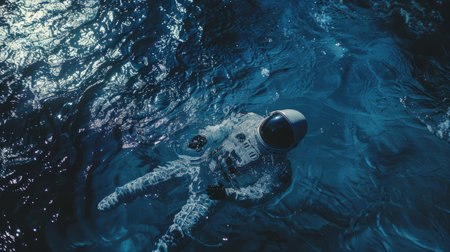 Astronaut floating in the ocean with his back to the cameraの素材